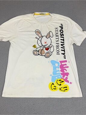 Lucky Charms Shirt Men’s L White 'Positivity' Graphic Bunny Short Sleeve Tee